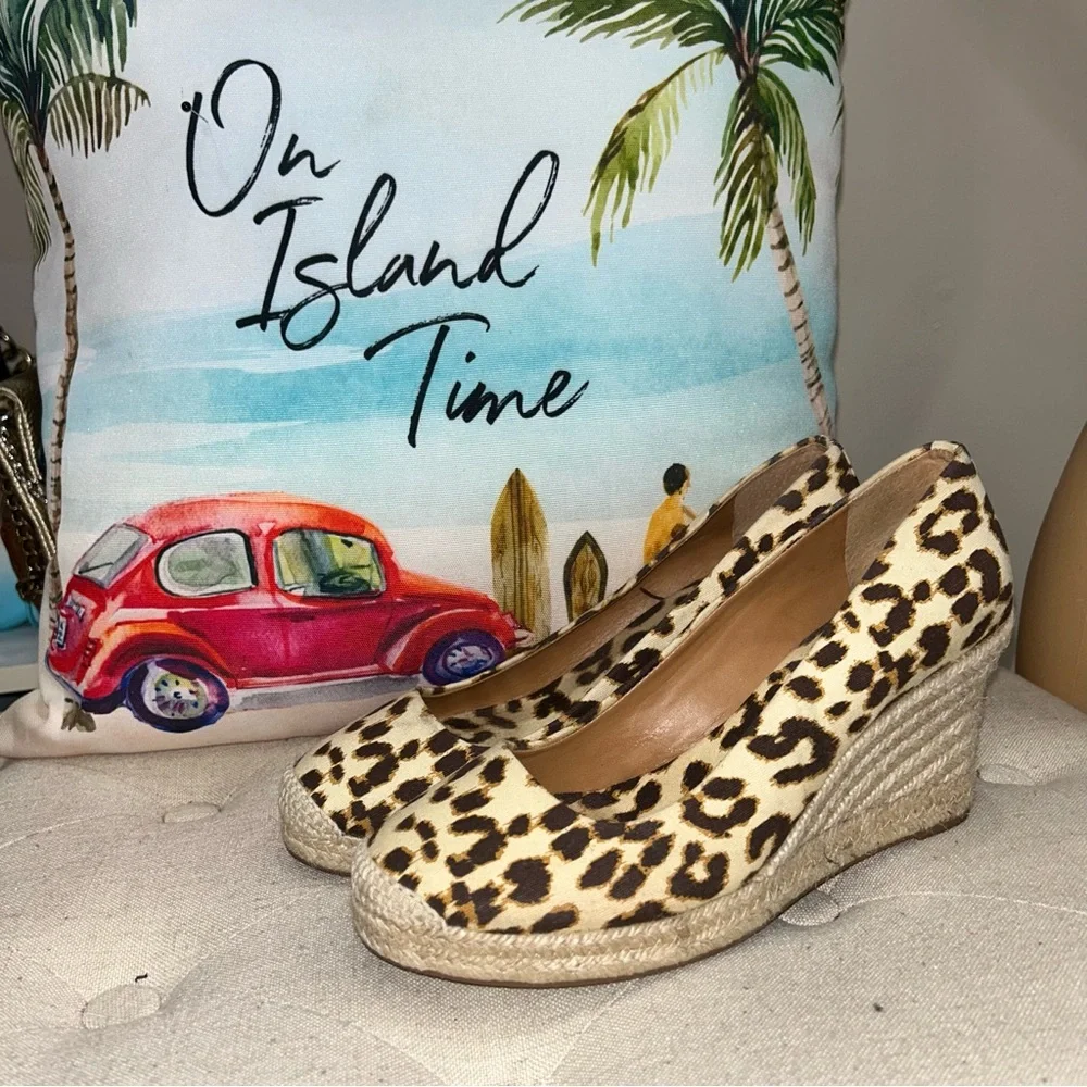 J.Crew Women'S Seville Brown/Beige Leopard Canvas Espadrille Wedges Shoes - Picture 2 of 12
